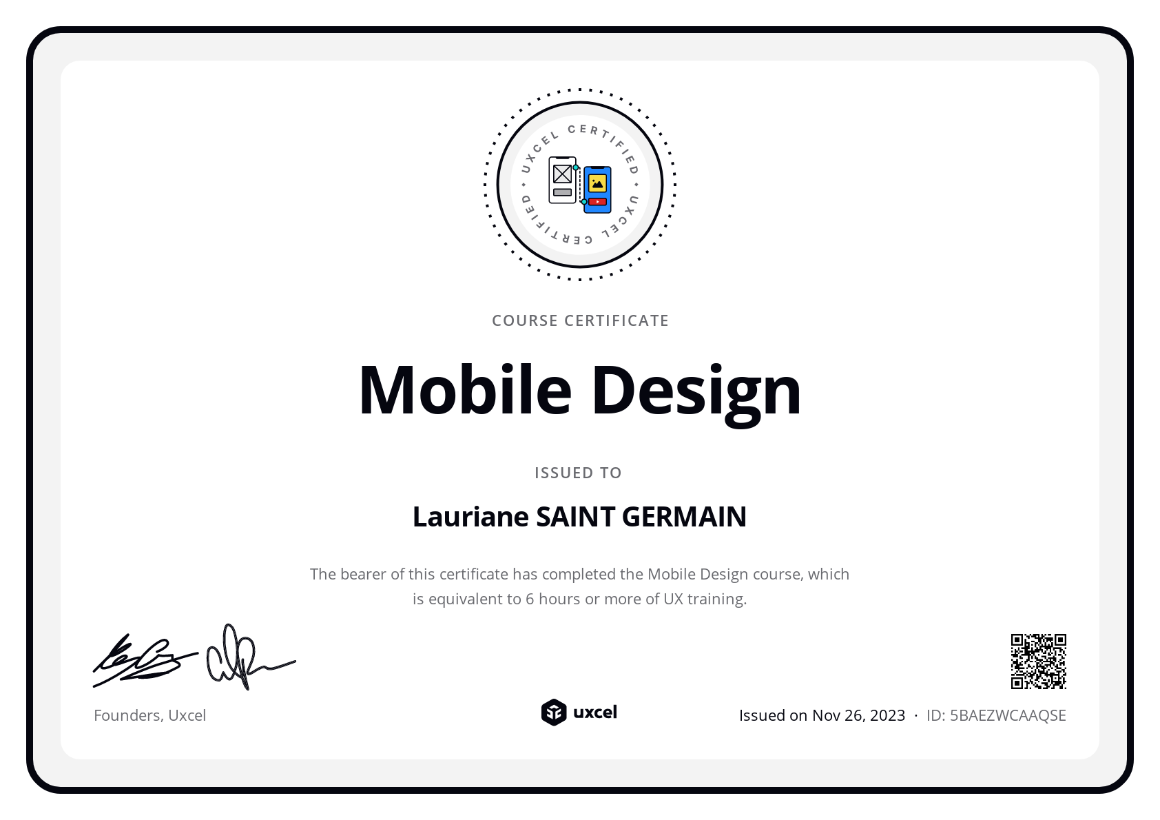 Lauriane SAINT GERMAIN's certificate